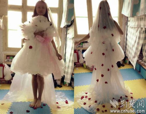 大一女生用一次性桌布制作"环保婚纱"